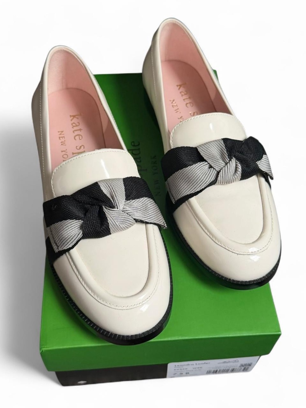 Kate Spade New York patent leather ivory loafers with black & gray bow